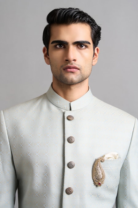 Gargee Designers_Green Jacquard Reyansh Sherwani Set _Online_at_Aza_Fashions