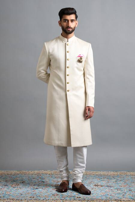 Buy_Gargee Designers_Ivory Jacquard Vihaan Cream Sherwani Set _Online_at_Aza_Fashions