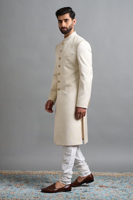 Gargee Designers_Ivory Jacquard Vihaan Cream Sherwani Set _at_Aza_Fashions