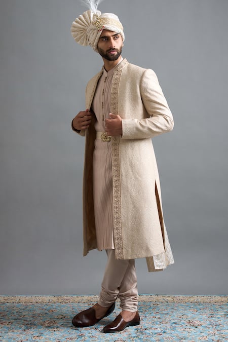 Gargee Designers Beige Chanderi Silk Embroidery, Metallic Thread Aryaveer Sherwani Set Online at Aza Fashions Gargee Designers_Beige Chanderi Silk Embroidery, Metallic Thread Aryaveer Sherwani Set _Online_at_Aza_Fashions