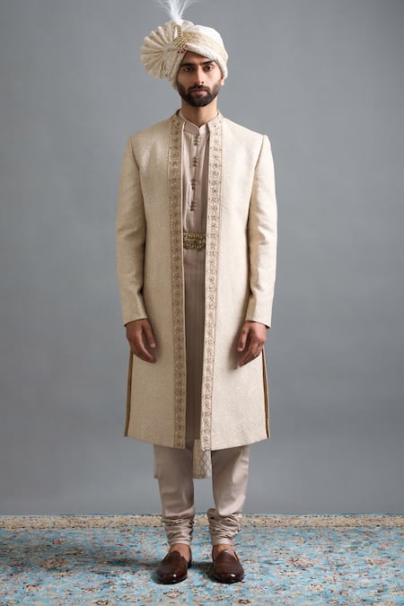 Buy Gargee Designers Beige Chanderi Silk Embroidery, Metallic Thread Aryaveer Sherwani Set Online at Aza Fashions Buy_Gargee Designers_Beige Chanderi Silk Embroidery, Metallic Thread Aryaveer Sherwani Set _Online_at_Aza_Fashions