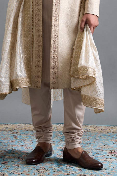 Shop Gargee Designers Beige Chanderi Silk Embroidery, Metallic Thread Aryaveer Sherwani Set Online at Aza Fashions Shop_Gargee Designers_Beige Chanderi Silk Embroidery, Metallic Thread Aryaveer Sherwani Set _Online_at_Aza_Fashions