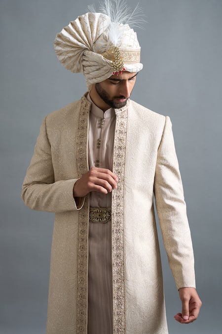 Gargee Designers Beige Chanderi Silk Embroidery, Metallic Thread Aryaveer Sherwani Set at Aza Fashions Gargee Designers_Beige Chanderi Silk Embroidery, Metallic Thread Aryaveer Sherwani Set _at_Aza_Fashions