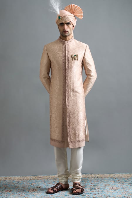 Shop Gargee Designers Peach Cotton, Silk Embroidery, Stones Raghav Sherwani Set Online at Aza Fashions Shop_Gargee Designers_Peach Cotton, Silk Embroidery, Stones Raghav Sherwani Set _Online_at_Aza_Fashions