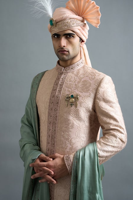 Gargee Designers Peach Cotton, Silk Embroidery, Stones Raghav Sherwani Set at Aza Fashions Gargee Designers_Peach Cotton, Silk Embroidery, Stones Raghav Sherwani Set _at_Aza_Fashions