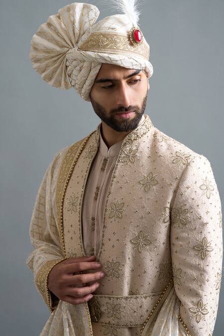 Gargee Designers Beige Silk, Cotton Embroidery Vivaan Ivory Sherwani Set Online at Aza Fashions Gargee Designers_Beige Silk, Cotton Embroidery Vivaan Ivory Sherwani Set _Online_at_Aza_Fashions
