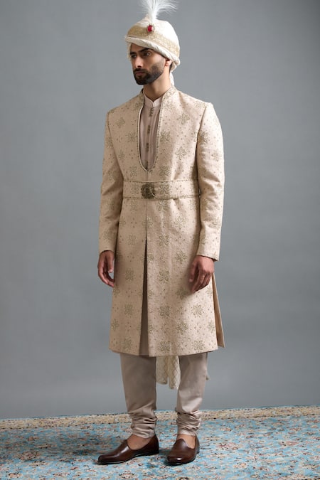 Buy Gargee Designers Beige Silk, Cotton Embroidery Vivaan Ivory Sherwani Set Online at Aza Fashions Buy_Gargee Designers_Beige Silk, Cotton Embroidery Vivaan Ivory Sherwani Set _Online_at_Aza_Fashions