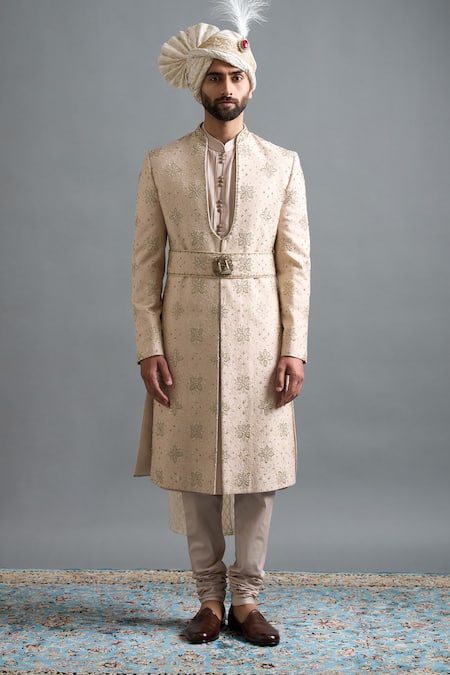 Gargee Designers Beige Silk, Cotton Embroidery Vivaan Ivory Sherwani Set at Aza Fashions Gargee Designers_Beige Silk, Cotton Embroidery Vivaan Ivory Sherwani Set _at_Aza_Fashions