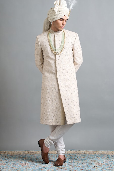 Gargee Designers Ivory Chanderi Embroidery, Stones, Beads Aaryan Sherwani Set Online at Aza Fashions Gargee Designers_Ivory Chanderi Embroidery, Stones, Beads Aaryan Sherwani Set _Online_at_Aza_Fashions