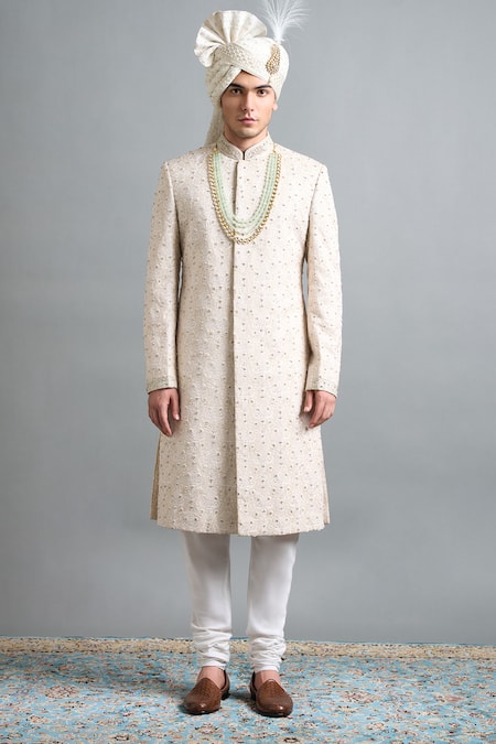 Shop Gargee Designers Ivory Chanderi Embroidery, Stones, Beads Aaryan Sherwani Set Online at Aza Fashions Shop_Gargee Designers_Ivory Chanderi Embroidery, Stones, Beads Aaryan Sherwani Set _Online_at_Aza_Fashions