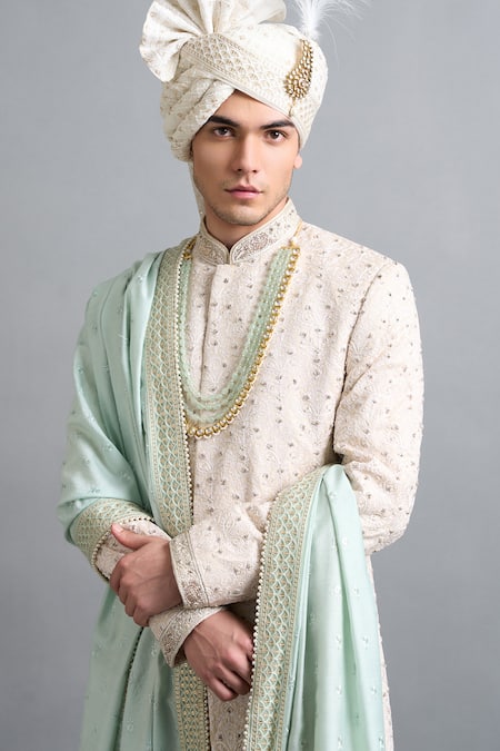 Gargee Designers Ivory Chanderi Embroidery, Stones, Beads Aaryan Sherwani Set at Aza Fashions Gargee Designers_Ivory Chanderi Embroidery, Stones, Beads Aaryan Sherwani Set _at_Aza_Fashions