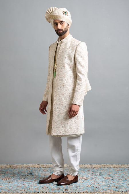 Shop Gargee Designers Ivory Dupion Embroidery Devansh Sherwani Set Online at Aza Fashions Shop_Gargee Designers_Ivory Dupion Embroidery Devansh Sherwani Set _Online_at_Aza_Fashions