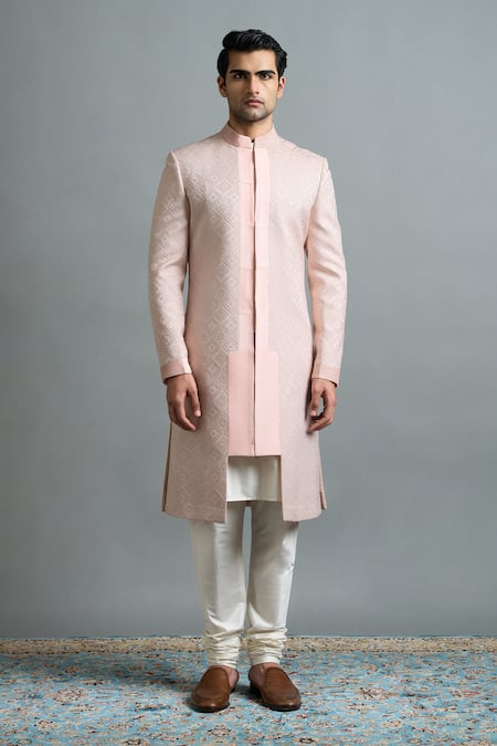 Shop Gargee Designers Blush Jacquard Aarush Pink Sherwani Set Online at Aza Fashions Shop_Gargee Designers_Blush Jacquard Aarush Pink Sherwani Set _Online_at_Aza_Fashions