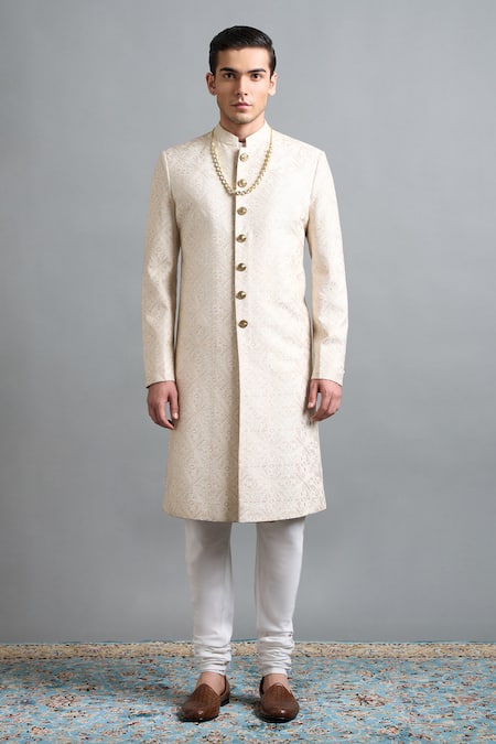 Gargee Designers Ivory Chanderi Embroidery, Metallic Thread Kunal Sherwani Set at Aza Fashions Gargee Designers_Ivory Chanderi Embroidery, Metallic Thread Kunal Sherwani Set _at_Aza_Fashions