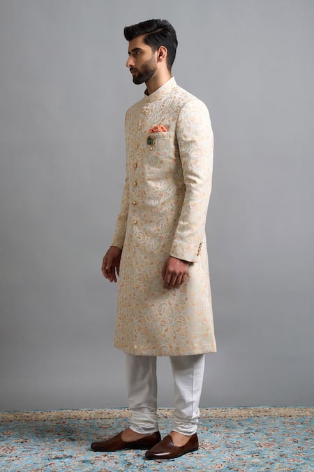 Gargee Designers Ivory Jacquard Brooches Ishir Paisley Sherwani Set Online at Aza Fashions Gargee Designers_Ivory Jacquard Brooches Ishir Paisley Sherwani Set _Online_at_Aza_Fashions