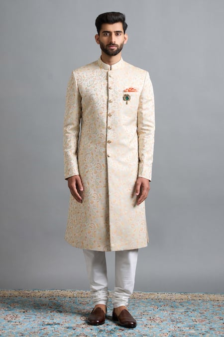 Buy Gargee Designers Ivory Jacquard Brooches Ishir Paisley Sherwani Set Online at Aza Fashions Buy_Gargee Designers_Ivory Jacquard Brooches Ishir Paisley Sherwani Set _Online_at_Aza_Fashions