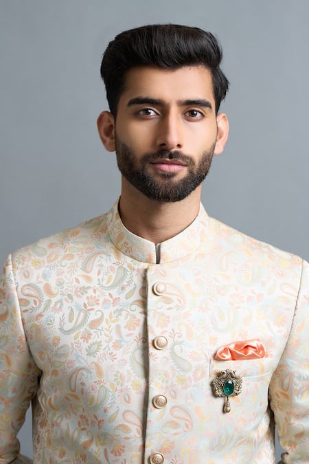 Gargee Designers Ivory Jacquard Brooches Ishir Paisley Sherwani Set at Aza Fashions Gargee Designers_Ivory Jacquard Brooches Ishir Paisley Sherwani Set _at_Aza_Fashions