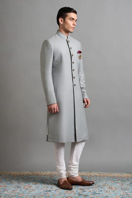 Gargee Designers Gray Jacquard Brooches Riaan Grey Sherwani Set Online at Aza Fashions Gargee Designers_Gray Jacquard Brooches Riaan Grey Sherwani Set _Online_at_Aza_Fashions