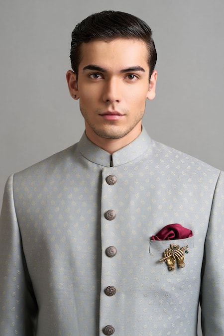 Shop Gargee Designers Gray Jacquard Brooches Riaan Grey Sherwani Set Online at Aza Fashions Shop_Gargee Designers_Gray Jacquard Brooches Riaan Grey Sherwani Set _Online_at_Aza_Fashions