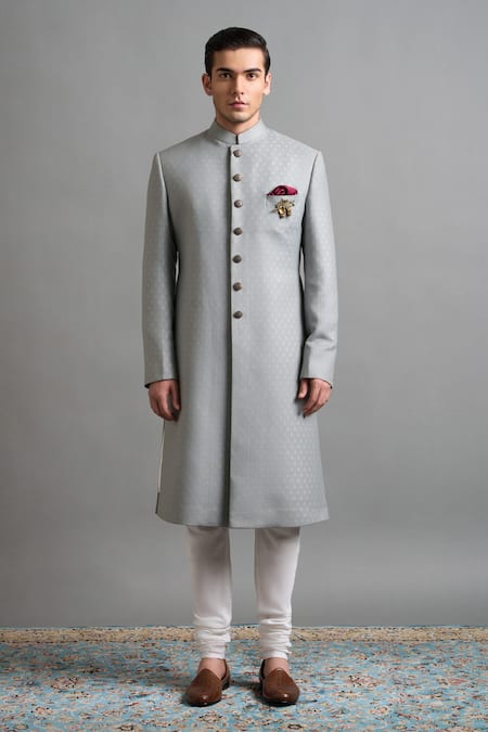 Gargee Designers Gray Jacquard Brooches Riaan Grey Sherwani Set at Aza Fashions Gargee Designers_Gray Jacquard Brooches Riaan Grey Sherwani Set _at_Aza_Fashions