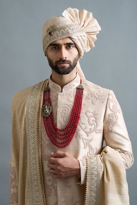 Shop Gargee Designers Beige Silk Embroidery, Beads Yuvraj Sherwani Set Online at Aza Fashions Shop_Gargee Designers_Beige Silk Embroidery, Beads Yuvraj Sherwani Set _Online_at_Aza_Fashions