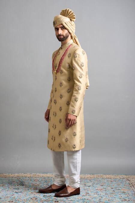 Gargee Designers_Gold Silk Embroidery Samar Sherwani Set _Online_at_Aza_Fashions