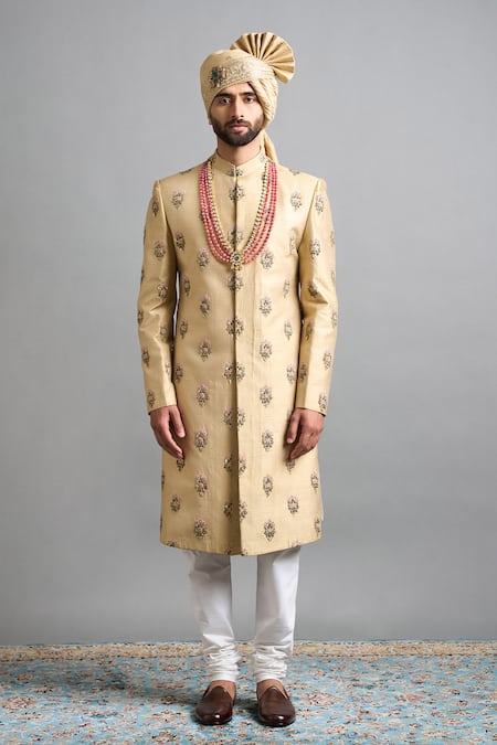 Gargee Designers_Gold Silk Embroidery Samar Sherwani Set _at_Aza_Fashions