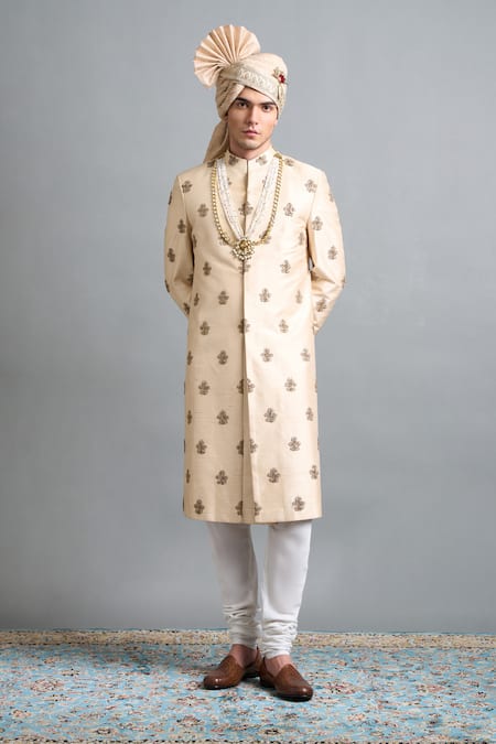 Shop_Gargee Designers_Peach Silk Embroidery, Metallic Thread Rajveer Ivory Sherwani Set _Online_at_Aza_Fashions