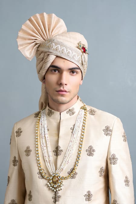Gargee Designers_Peach Silk Embroidery, Metallic Thread Rajveer Ivory Sherwani Set _at_Aza_Fashions