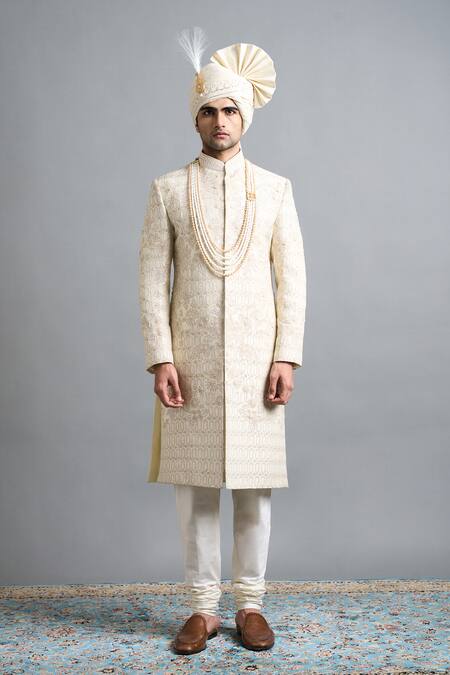 Shop_Gargee Designers_Ivory Silk Embroidery Arnav Sherwani Set _Online_at_Aza_Fashions