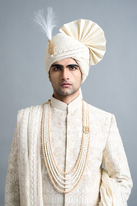 Gargee Designers_Ivory Silk Embroidery Arnav Sherwani Set _at_Aza_Fashions