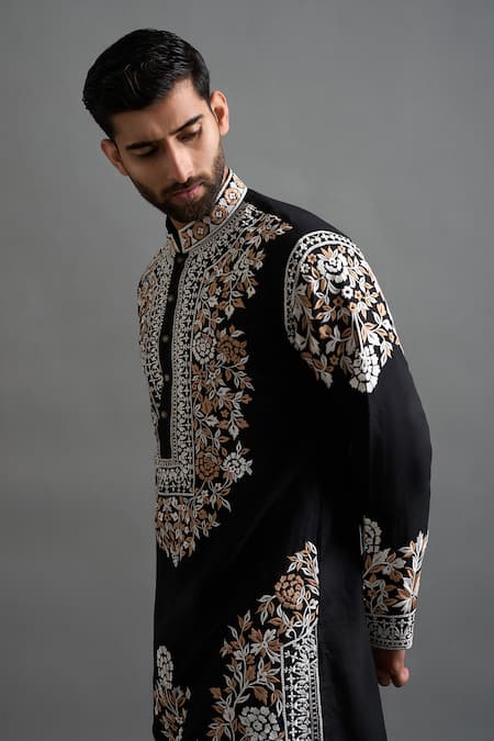 Gargee Designers_Black Cotton, Silk Embroidery Viraasat Kurta Pant Set _Online_at_Aza_Fashions