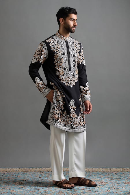 Buy_Gargee Designers_Black Cotton, Silk Embroidery Viraasat Kurta Pant Set _Online_at_Aza_Fashions