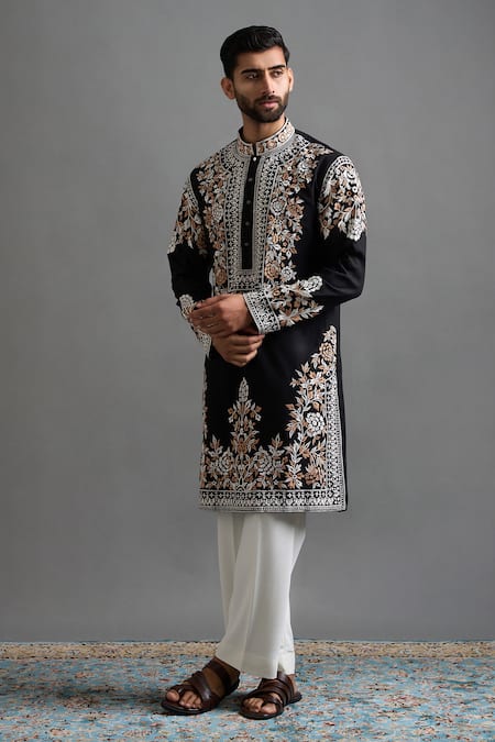 Shop_Gargee Designers_Black Cotton, Silk Embroidery Viraasat Kurta Pant Set _Online_at_Aza_Fashions