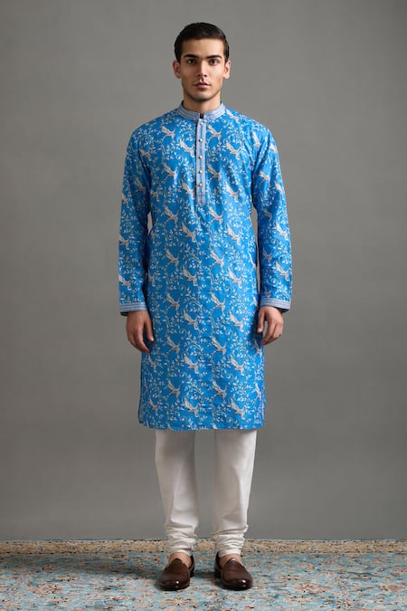 Gargee Designers_Cobalt Chanderi Silk Embroidery Neel Vistaar Kurta Set _Online_at_Aza_Fashions