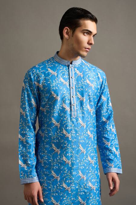 Shop_Gargee Designers_Cobalt Chanderi Silk Embroidery Neel Vistaar Kurta Set _Online_at_Aza_Fashions