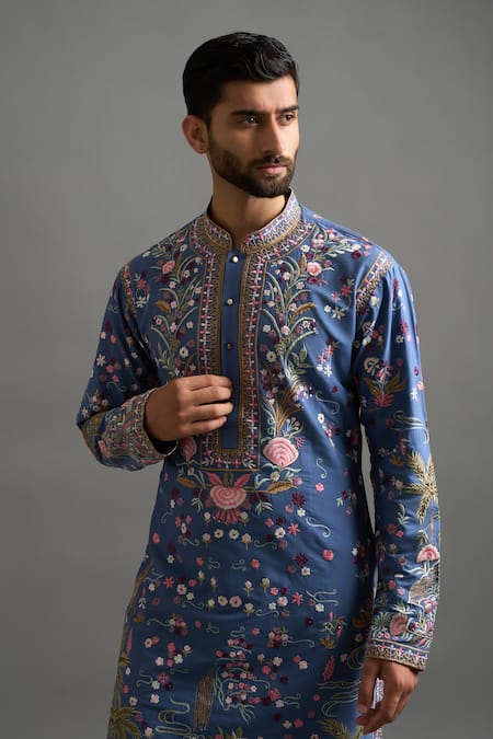 Gargee Designers_Blue Cotton, Silk Embroidery Mayur Vilas Kurta Set _Online_at_Aza_Fashions