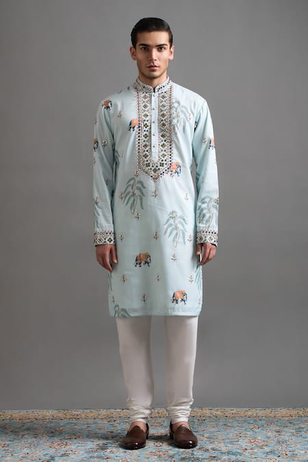 Buy_Gargee Designers_Green Chanderi Silk Embroidery, Mirrors Hathi Baagh Kurta Set _Online_at_Aza_Fashions