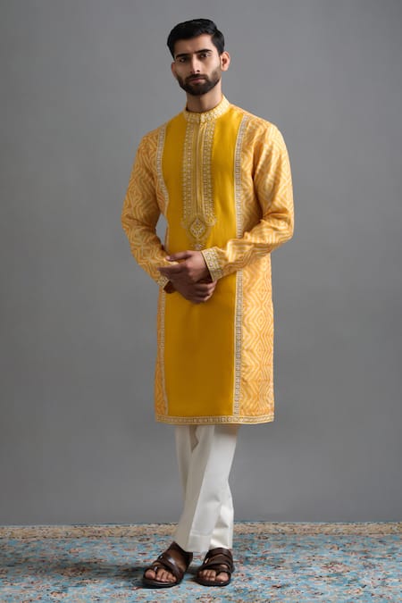 Buy_Gargee Designers_Mustard Chanderi Silk Embroidery, Foil Printing Surya Tej Kurta Set _Online_at_Aza_Fashions