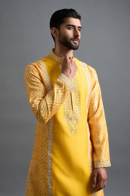 Shop_Gargee Designers_Mustard Chanderi Silk Embroidery, Foil Printing Surya Tej Kurta Set _Online_at_Aza_Fashions