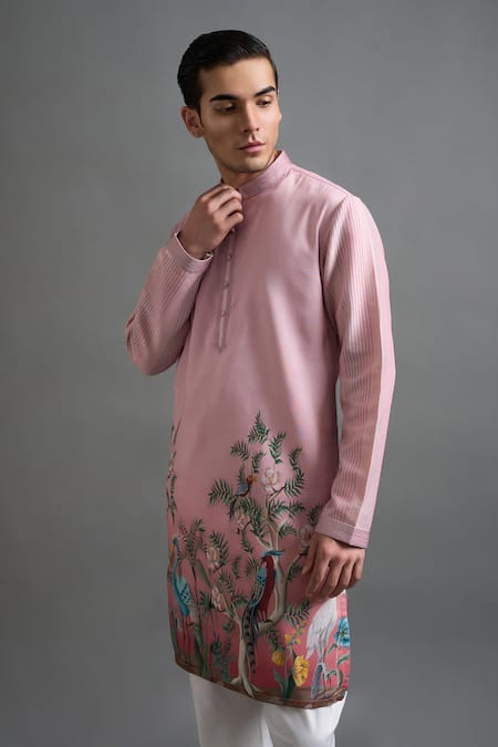 Gargee Designers_Pink Chanderi Silk Embroidery Mayur Bagh Kurta Set _Online_at_Aza_Fashions