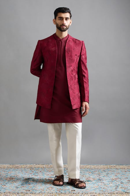 Gargee Designers Maroon Dupion Embroidery Majesty Jacket Kurta Set Online at Aza Fashions Gargee Designers_Maroon Dupion Embroidery Majesty Jacket Kurta Set _Online_at_Aza_Fashions