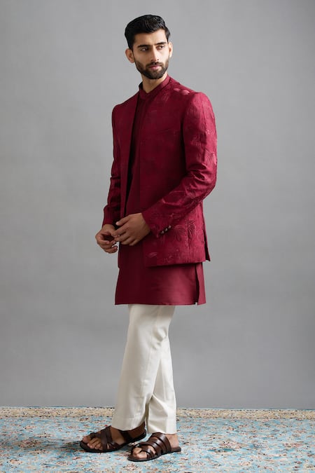 Buy Gargee Designers Maroon Dupion Embroidery Majesty Jacket Kurta Set Online at Aza Fashions Buy_Gargee Designers_Maroon Dupion Embroidery Majesty Jacket Kurta Set _Online_at_Aza_Fashions