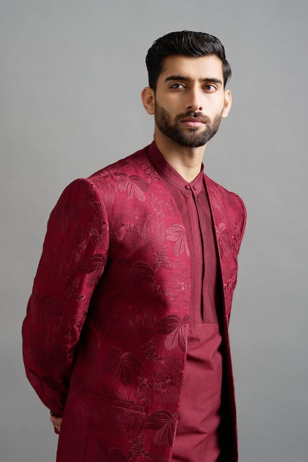 Shop Gargee Designers Maroon Dupion Embroidery Majesty Jacket Kurta Set Online at Aza Fashions Shop_Gargee Designers_Maroon Dupion Embroidery Majesty Jacket Kurta Set _Online_at_Aza_Fashions