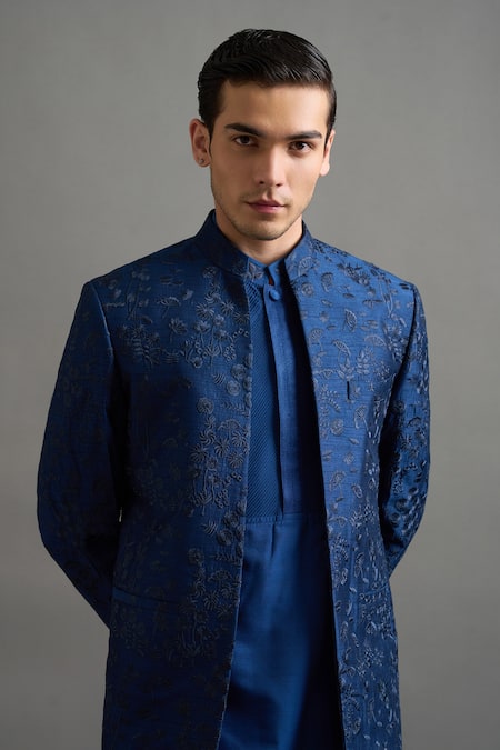 Gargee Designers Blue Dupion Embroidery Sapphire Regal Jacket Kurta Set at Aza Fashions Gargee Designers_Blue Dupion Embroidery Sapphire Regal Jacket Kurta Set _at_Aza_Fashions