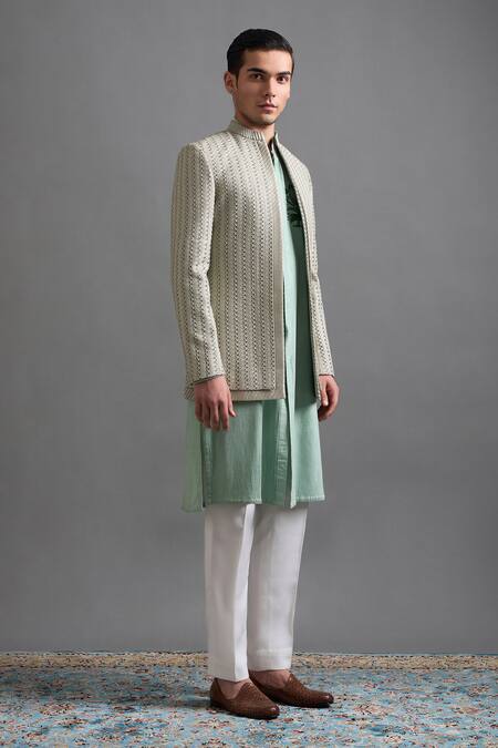 Shop Gargee Designers Ivory Dupion Embroidery Mint Majesty Jacket Kurta Set Online at Aza Fashions Shop_Gargee Designers_Ivory Dupion Embroidery Mint Majesty Jacket Kurta Set _Online_at_Aza_Fashions