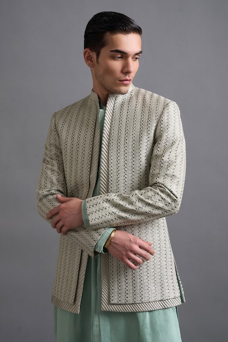 Gargee Designers Ivory Dupion Embroidery Mint Majesty Jacket Kurta Set at Aza Fashions Gargee Designers_Ivory Dupion Embroidery Mint Majesty Jacket Kurta Set _at_Aza_Fashions