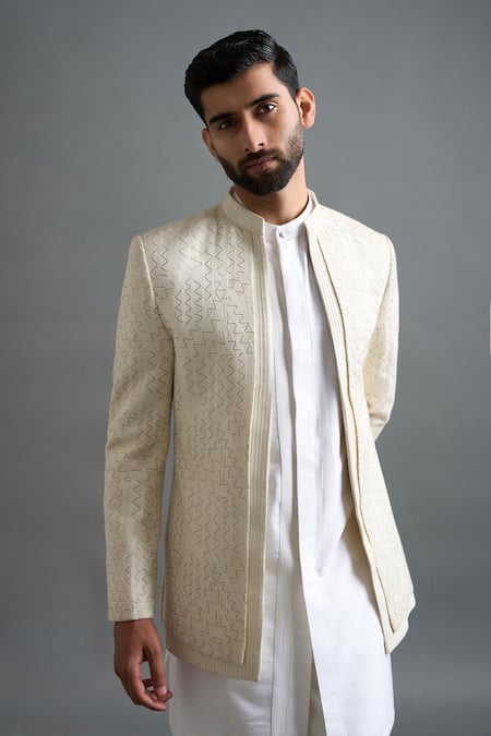 Shop Gargee Designers Ivory Dupion Embroidery, Zari Radiance Jacket Kurta Set Online at Aza Fashions Shop_Gargee Designers_Ivory Dupion Embroidery, Zari Radiance Jacket Kurta Set _Online_at_Aza_Fashions