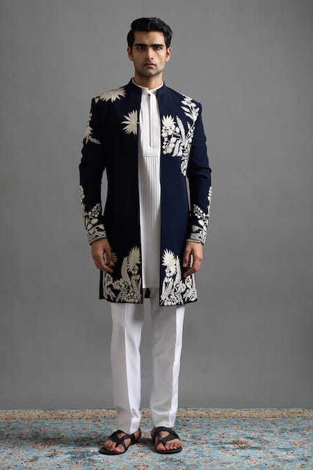 Shop Gargee Designers Navy Polyester Embroidery Neelraj Jacket And Pant Set Online at Aza Fashions Shop_Gargee Designers_Navy Polyester Embroidery Neelraj Jacket And Pant Set _Online_at_Aza_Fashions