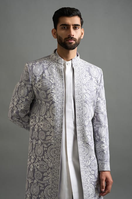 Buy Gargee Designers Gray Polyester Embroidery Shvetindra Jacket And Pant Set Online at Aza Fashions Buy_Gargee Designers_Gray Polyester Embroidery Shvetindra Jacket And Pant Set _Online_at_Aza_Fashions